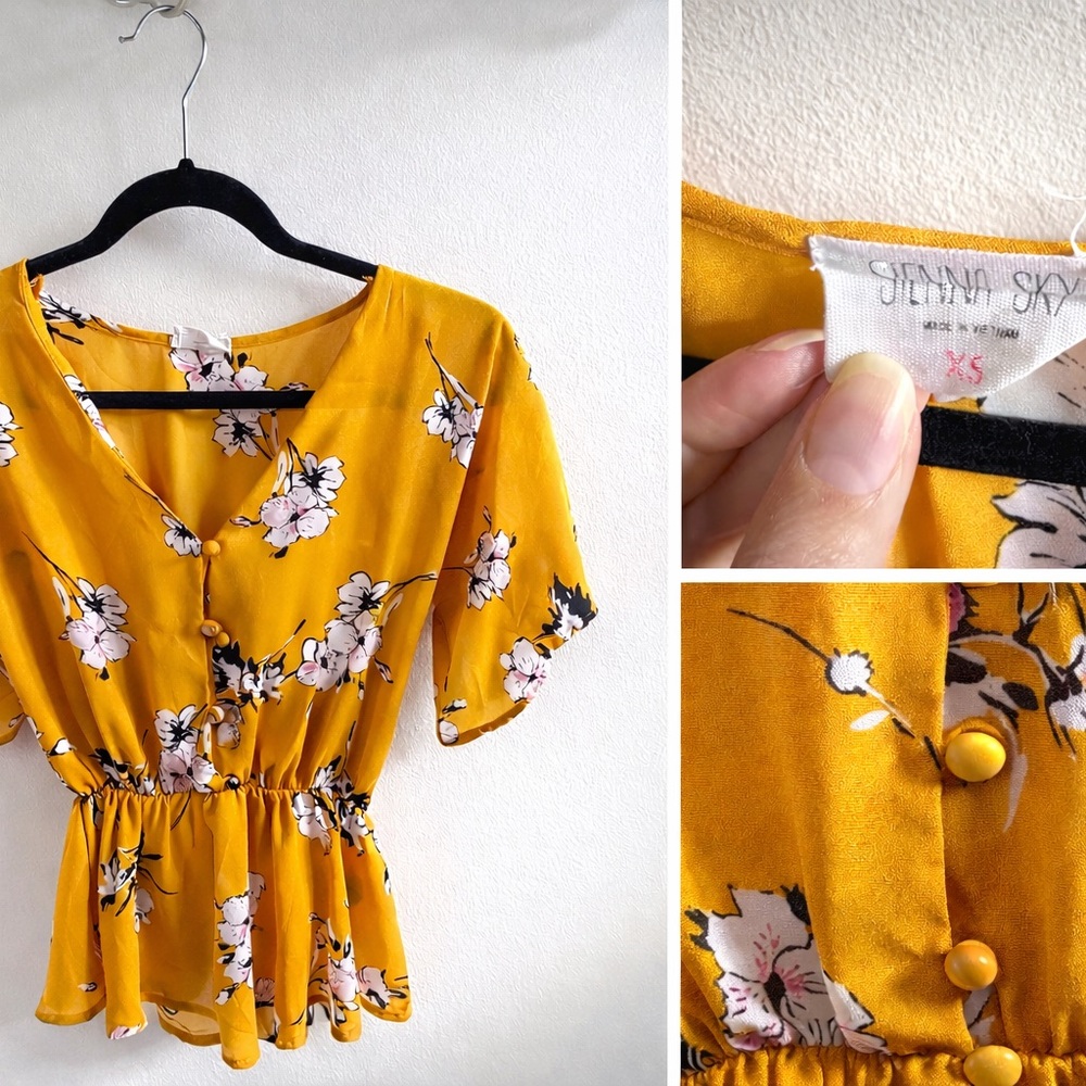 Sienna Sky Mustard Floral Button-Front Peplum Blouse